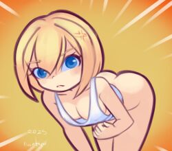 1girl 2025 20s anger_vein angry ass bent_over blonde_hair blue_eyes blush bottomless breasts cleavage collarbone covered_erect_nipples drantyno looking_at_viewer medium_breasts orange_background original shirt short_hair standing tank_top white_shirt
