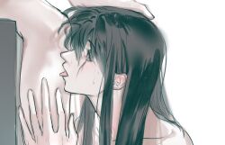 Rule 34 | 2girls, black hair, commentary request, hand on another&#039;s head, hand on another&#039;s leg, korean commentary, licking, licking leg, long hair, multiple girls, path to nowhere, pulttegi1111, rahu (path to nowhere), scar, scar across eye, scar on face, shalom (path to nowhere), simple background, tears, tongue, tongue out, white background, yuri