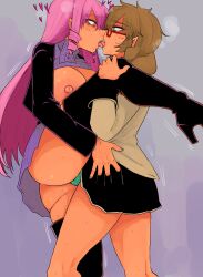 Rule 34 | 2girls, 69 (tranquilo), absurdres, akuma no riddle, ass, assertive female, bags under eyes, black footwear, blazer, boots, breasts, breasts out, brown eyes, brown hair, commentary, dark-skinned female, dark nipples, dark skin, dildo, drill hair, english commentary, eye contact, french kiss, high heel boots, high heels, highres, huge breasts, inukai isuke, jacket, kenmochi shiena, kiss, leg hold, leg lift, long hair, looking at another, multiple girls, nail polish, nipples, no panties, open clothes, open jacket, pink hair, pointy ears, purple nails, purple skirt, pussy juice, red-framed eyewear, red eyes, semi-rimless eyewear, sex, sex toy, side drill, skirt, standing, standing on one leg, standing sex, strap-on, sweat, thick thighs, thigh boots, thighs, tongue, tongue out, under-rim eyewear, yuri