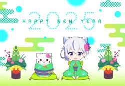 1girl 2025 :d animal_ears bamboo blue_hair blurry commentary cushion english_commentary english_text flower gradient_eyes green_kimono green_theme grey_hair hair_between_eyes hair_flower hair_ornament happy_new_year highres iriam japanese_clothes kadomatsu kimono looking_at_viewer miria_(iriam) multicolored_eyes multicolored_hair new_year official_art open_mouth pink_flower print_kimono purple_eyes purple_flower shirasu_(iriam) smile streaked_hair tongue wide_sleeves zabuton
