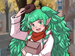 1girl alternate_costume braid donut fire_emblem fire_emblem:_three_houses food green_eyes green_hair happy long_hair mnejing30 nintendo parody pointy_ears red_scarf scarf solo sothis_(fire_emblem) sweater toradora! very_long_hair