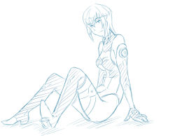 00s 1girl arm_support bodysuit boots breasts drawfag elbow_gloves facial_mark female_focus fingerless_gloves from_side full_body gloves hair_between_eyes halterneck head_tilt high_heel_boots high_heels highleg highleg_leotard kannagi_itsuki knees_up leotard light_smile looking_at_viewer monochrome pilot_suit shadow short_hair simple_background sitting sketch smile solo sora_wo_kakeru_shoujo thigh_boots thigh_strap thighhighs tthal turtleneck