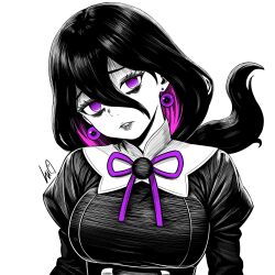 1girl @_@ artist_name black_dress black_hair breasts colored_inner_hair dress earrings ghost greyscale hair_between_eyes hex_maniac_(pokemon_legends:_z-a) highres jewelry large_breasts large_earrings long_hair looking_at_viewer lughost monochrome multicolored_hair neck_ribbon nintendo pokemon pokemon_legends:_z-a purple_eyes purple_hair purple_ribbon ribbon solo spot_color