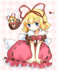 1girl arm_support bad_id bad_pixiv_id blonde_hair blue_eyes bow doll dress female_focus hair_ribbon lowres medicine_melancholy mito_tsubaki ribbon short_hair smile solo su-san touhou wings