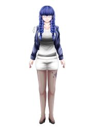 1girl absurdres blue_hair blue_jacket cerguss closed_mouth commentary dress dress_shoes english_commentary glasses highres jacket leg_tattoo long_hair looking_at_viewer miniskirt original pantyhose purple_eyes silvya_maris skirt solo tattoo white_dress white_skirt