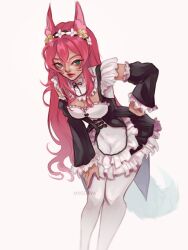1girl ahri_(league_of_legends) alternate_costume artist_name black_sleeves breasts cleavage closed_mouth cosplay detached_sleeves dress enmaided facial_mark feet_out_of_frame frilled_dress frilled_sleeves frills highres large_breasts league_of_legends long_hair long_sleeves maid miyeonya red_hair rem_(re:zero) rem_(re:zero)_(cosplay) short_dress simple_background solo thighhighs whisker_markings white_background white_thighhighs
