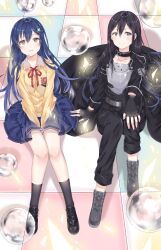 1boy 1girl armor black_eyes black_footwear black_hair black_socks blue_hair blue_skirt boots breastplate bubble cardigan crossover date_a_live fingerless_gloves genderswap genderswap_(mtf) gloves hair_ornament hairpin highres itsuka_shido itsuka_shiori kirito kirito_(sao-ggo) long_hair long_sleeves pleated_skirt raizen_high_school_uniform red_ribbon ribbon school_uniform skirt socks sword_art_online yozora_(33968397)
