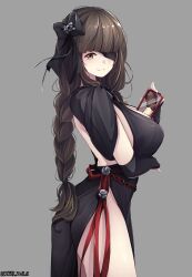 1girl absurdres ass backless_dress backless_outfit between_breasts black_dress black_gloves blunt_bangs bow braid breasts brown_hair chain chocolate-covered_food chocolate_banana cleavage ddangbi dress elbow_gloves eyepatch girls&#039;_frontline gloves grey_background hair_bow highres large_breasts long_hair looking_at_viewer m16a1_(blazer_of_the_trail)_(girls&#039;_frontline) m16a1_(girls&#039;_frontline) official_alternate_costume ribbon scar scar_across_eye scar_on_face side_slit sideboob simple_background single_braid smile solo thighs very_long_hair yellow_eyes