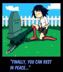 1girl bike_shorts black_hair blue_sky boots brown_gloves closed_eyes cloud commission devil_may_cry devil_may_cry_(series) devil_may_cry_3 fence gloves grass highres kalina_ann_(weapon) kneeling lady_(devil_may_cry) on_grass rocket_launcher scar scar_on_face scar_on_leg scar_on_nose second-party_source setz shirt sky tombstone weapon white_shirt wooden_fence