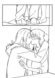 2girls bang_dream! bang_dream!_it&#039;s_mygo!!!!! blush closed_eyes ear_blush french_kiss greyscale highres hood hoodie jenjen kiss long_hair long_sleeves mole mole_under_eye monochrome multiple_girls pants shiina_taki yahata_umiri yuri