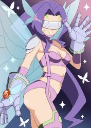 1girl absurdres arm_warmers armpit_crease ass belt bikini boots breasts butterfly_hair_ornament butterfly_wings cleavage commentary commission covered_eyes cowboy_shot digimon digimon_(creature) elbow_gloves facial_mark facing_viewer fairimon garter_straps gloves grey_gloves hair_ornament hairband hand_up head-mounted_display highres insect_wings long_hair medium_breasts midriff navel parted_bangs parted_lips purple_belt purple_bikini purple_boots purple_hair purple_hairband shoulder_pads skindentation smile solo standing strapless strapless_bikini swimsuit thigh_boots wings yamamoto_zetta