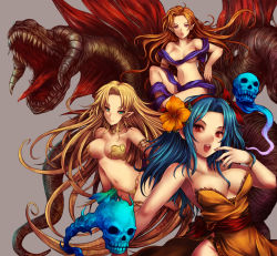 1990s_(style) 3girls :o armlet barbariccia bikini blonde_hair blue_hair breasts byunei choker cleavage earrings elf final_fantasy final_fantasy_iv flower green_eyes hair_flower hair_ornament hairband jewelry kara_(color) large_breasts long_hair monster_girl multiple_girls naked_ribbon open_mouth pointy_ears red_eyes retro_artstyle ribbon rocbouquet rocbouquet_(saga) romancing_saga romancing_saga_2 romancing_saga_3 saga side_slit skull smile square_enix swimsuit thigh_strap very_long_hair