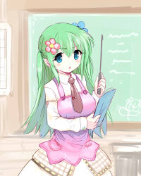 1girl aged_up ajitarou_(setsu) apron blue_eyes breasts brown_necktie classroom emil_chronicle_online flower green_hair hair_flower hair_ornament highres holding holding_rod long_hair medium_breasts necktie pink_apron rod school shabotan_alma