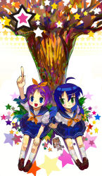 00s ahoge akagi akagi:_yami_ni_oritatta_tensai blue_eyes blue_hair blush fukumoto_mahjong green_eyes hair_ribbon hasesese highres hiiragi_tsukasa izumi_konata lucky_star purple_hair ribbon school_uniform serafuku sitting star_(symbol) tree