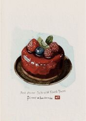 artist_name blueberry cake commentary english_text food food_focus food_name fruit highres kiwi_(fruit) kiwi_slice no_humans original painterly pistol_handmade_(artist) plate simple_background still_life strawberry sweets traditional_media
