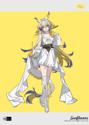 Rule 34 | 1girl, :d, absurdres, ambience synesthesia, arknights, artist name, blonde hair, blue hair, boots, breasts, choker, colored extremities, copyright notice, dress, earrings, eastern dragon horns, eastern dragon tail, english text, flower earrings, full body, gloves, hair between eyes, highres, jewelry, knee boots, long hair, long sleeves, looking at viewer, multicolored hair, open mouth, pointy ears, see-through clothes, shu (arknights), shu (bingwenyuyou) (arknights), simple background, smile, solo, standing, thighhighs, very long hair, watermark, white dress, white thighhighs, yellow background, yellow eyes, yellow gloves, zheshe jing