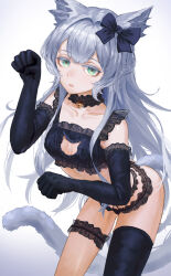 Rule 34 | 1girl, animal ears, animal hands, aqua eyes, arknights, bare shoulders, bell, black bow, black bra, black choker, black gloves, black panties, black thighhighs, bow, bra, breasts, cat ears, cat girl, cat lingerie, cat tail, choker, cleavage, cleavage cutout, clothing cutout, collarbone, colored eyelashes, elbow gloves, frilled bra, frilled choker, frilled gloves, frilled panties, frilled thigh strap, frills, gino (gino h), gloves, gradient background, grey hair, hair bow, highres, jingle bell, leaning forward, long hair, looking at another, neck bell, open clothes, panties, paw gloves, rosmontis (arknights), single thighhigh, small breasts, solo, tail, thigh strap, thighhighs, underwear, underwear only, very long hair, white background