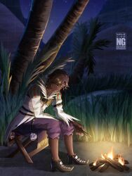 Rule 34 | 1boy, absurdres, campfire, circlet, dark-skinned male, dark skin, feather collar, feather trim, fire emblem, fire emblem engage, fogado (fire emblem), gold circlet, highres, male focus, night, night sky, nintendo, outdoors, prince, sky, solo, tondemoneeds, very dark skin