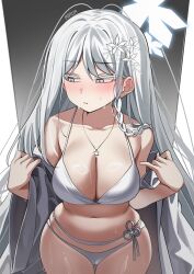 Rule 34 | 1girl, absurdres, bikini, blue archive, blush, braid, closed mouth, highres, long hair, looking to the side, nagusa (blue archive), nagusa (swimsuit) (blue archive), official alternate costume, official alternate hairstyle, open clothes, open shirt, parted bangs, rirua (kjom802), shirt, single braid, solo, sweat, swimsuit, undressing, white bikini, white eyes, white hair, white shirt