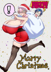 ! 1boy 1girl angry bag black_thighhighs blonde_hair blush breasts christmas cleavage codeorange162 dot_nose dress ear_piercing english_text full_body gigantic_breasts grey_background gyaru hat hidden_eyes highres holding holding_bag hoshizaki_mika merry_christmas open_clothes original piercing red_dress running santa_bag santa_costume santa_dress santa_hat shiny_skin thick_thighs thighhighs thighs zettai_ryouiki