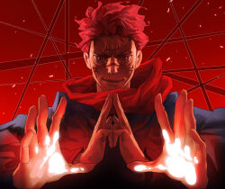 Rule 34 | 1boy, absurdres, brown eyes, closed mouth, domain expansion, extra arms, extra eyes, facial tattoo, fire, forehead, forehead tattoo, hieumay, highres, hood, hoodie, jujutsu kaisen, jujutsu tech uniform, light particles, lips, long sleeves, looking at viewer, male focus, nose, open hands, own hands together, pink hair, pyrokinesis, red background, red hoodie, ryoumen sukuna (jujutsu kaisen), smirk, solo, steepled fingers, straight-on, tattoo, upper body