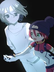 1boy 1girl amate_yuzuriha aqua_eyes beanie black_hat bodysuit breasts commentary_request glowing gundam gundam_gquuuuuux hat holding holding_hands mecha_pilot_suit multicolored_bodysuit normal_suit_(gundam) open_mouth pants rasube_(yfjwbmrrbjw0oey) red_hair science_fiction shirt short_hair shuji_ito simple_background smile