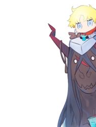 Rule 34 | 1boy, 1girl, black hair, blonde hair, blue eyes, body markings, cup, daisi gi, dinosaur, fate/grand order, fate/requiem, fate (series), hat, horns, jacket, kijo kouyou (fate), kijo kouyou (first ascension) (fate), long hair, long sleeves, looking at viewer, red scarf, scarf, short hair, tyrannosaurus rex, voyager (fate), voyager (over the same sky) (fate), white hat, white jacket