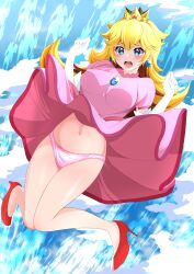 Rule 34 | 1girl, absurdres, bare legs, blonde hair, blue eyes, breasts, clothes lift, crown, dress, dress lift, earrings, full body, gloves, high heels, highres, jewelry, kisaragi setsu (mssk8485), knees together feet apart, legs apart, long hair, mario (series), nintendo, no socks, panties, pink dress, pink panties, princess peach, solo, super mario bros. 1, underwear, white gloves, wind, wind lift