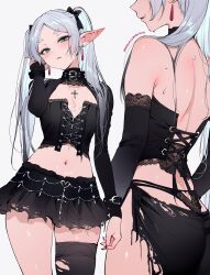 1girl absurdres alternate_costume bare_shoulders black_corset black_gloves black_nails black_panties black_ribbon black_shrug black_skirt black_thighhighs blush breasts cleavage closed_mouth corset cross cross_necklace double-parted_bangs earrings elbow_gloves elf frieren from_side gloves green_eyes hair_ribbon hand_in_own_hair highres jewelry looking_at_viewer navel necklace panties pointy_ears qiandaiyiyu ribbon shrug_(clothing) sidelocks single_thighhigh skirt smile solo sousou_no_frieren stomach sweatdrop thighhighs torn_clothes torn_skirt torn_thighhighs twintails underwear