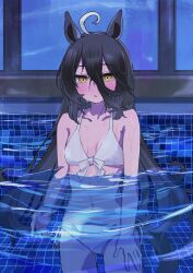 1girl animal_ears bikini black_hair blush book-16key breasts cleavage hair_between_eyes highres horse_ears horse_girl horse_tail indoors long_bangs long_hair long_hair_between_eyes manhattan_cafe_(umamusume) multicolored_hair navel parted_lips partially_submerged pool small_breasts solo swimsuit tail tile_floor tile_wall tiles umamusume very_long_hair water wet wet_face white_bikini white_hair yellow_eyes