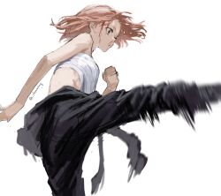 1girl blood blood_on_face chamuring kicking nosebleed pants sarashi short_hair tagme