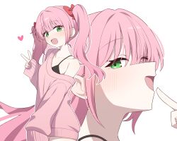 1girl black_bra blush bra green_eyes hagoonha hair_ribbon highres long_hair looking_at_viewer open_mouth original pink_hair pink_sweater red_ribbon ribbon solo sweater twintails underwear victory_pose white_background