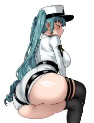 1girl aqua_hair arched_back ass belt black_belt black_thighhighs blush breasts closed_mouth commentary crossed_legs feet_out_of_frame from_side goddess_of_victory:_nikke half-closed_eyes hat high_belt invisible_chair jacket jamjamstyle large_breasts long_hair long_sleeves looking_ahead military_hat military_uniform peaked_cap privaty_(nikke) profile shade short_shorts shorts simple_background sitting skindentation solo thick_thighs thigh_strap thighhighs thighs twintails very_long_hair white_background white_hat white_jacket white_shorts yellow_eyes