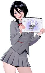 1girl absurdres black_hair bleach bow bowtie commentary cowboy_shot english_commentary grey_jacket grey_skirt hair_between_eyes highres holding holding_sketchbook jacket karakura_high_school_uniform kuchiki_rukia lapels lavelis long_bangs long_sleeves medium_hair miniskirt notched_lapels open_mouth pleated_skirt purple_eyes red_bow red_bowtie school_uniform shirt simple_background sketchbook skirt smile solo teeth upper_teeth_only v-shaped_eyebrows white_background white_shirt