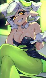 1girl absurdres bare_shoulders black_corset breasts collar corset earrings gloves green_pants hair_ornament highres idol indoors jewelry large_breasts looking_at_viewer marie_(splatoon) marie_(squid_sisters_outfit)_(splatoon) momoiiroo nintendo pants pointy_ears short_hair smile splatoon_(series) squid_girl wet white_collar white_gloves yellow_eyes