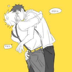 Rule 34 | 2boys, blush, couple, grabbing another&#039;s ass, groping, hatake kakashi, hug, kiss, male focus, multiple boys, naruto (series), naruto shippuuden, pants, shirt, short hair, speech bubble, spiked hair, suspenders, uchiha obito, vosovic, yaoi, yellow background