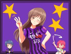 10s 3girls blue_hair brown_eyes brown_hair flx highres idolmaster idolmaster_cinderella_girls j._league long_hair md5_mismatch multiple_girls murakami_tomoe nitta_minami one_eye_closed red_hair sanfrecce_hiroshima short_hair smile soccer soccer_uniform sportswear star_(symbol) w wakui_rumi