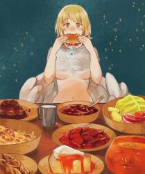 1girl :t biting blonde_hair blue_background blue_gemstone blush bowl breasts burger cabbage cream cup dungeon_meshi eating falin_touden falin_touden_(chimera) feathered_wings feathers food fruit_cup gem green_gemstone hands_up highres holding holding_food kirukiruababa looking_at_viewer mandrake meat medium_breasts monster_girl navel nude pie pie_slice potato pov_across_table pumpkin short_hair shrimp solo soup spoilers spoon stew straight-on table underboob upper_body wings wooden_table yellow_eyes