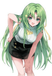 1girl :d absurdres black_skirt blush breasts cowboy_shot green_eyes green_hair hair_between_eyes hand_on_knee hand_on_own_hip hand_on_own_knee highres higurashi_no_naku_koro_ni large_breasts leaning_forward long_hair looking_at_viewer miniskirt nyako_(x_nyako_x) open_mouth pencil_skirt shirt simple_background skirt sleeveless smile solo sonozaki_shion standing sweater thighs turtleneck very_long_hair white_background white_shirt