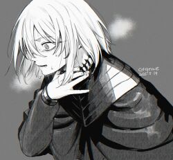 Rule 34 | 1boy, altus (centuria), armor, artist name, cape, centuria (manga), cloak, ctqnue, dated, grabbing own neck, greyscale, male focus, monochrome, neck grab, panicking, pauldrons, scar, scar on neck, scared, shoulder armor, solo, stitched neck, stitches, sweat