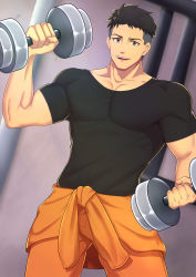 Rule 34 | 1boy, absurdres, akitaru oubi, bara, black hair, black shirt, brown eyes, bulge, collarbone, dumbbell, en&#039;en no shouboutai, exercising, highres, male focus, minghecanyue, muscular, muscular male, orange pants, pants, pectorals, shirt, short hair, smile, solo, undercut, weightlifting
