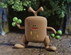 3d arm_up commentary english_commentary full_body gen_2_pokemon leaf louie_zong nintendo open_mouth outdoors pokemon pokemon_(creature) smile solo standing sudowoodo tree