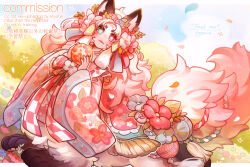 1girl animal_ears ball blue_eyes centauroid commentary_request falling_petals fang fox_ears fox_girl full_body hands_up heterochromia hogara holding holding_ball japanese_clothes kimono long_hair looking_at_viewer monster_girl open_mouth original outdoors petals pink_eyes pink_hair pink_kimono sitting solo taur temari_ball very_long_hair