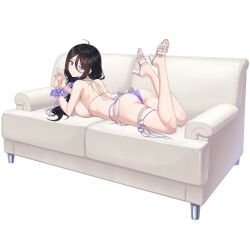 Rule 34 | 1girl, apron, ass, bikini, black hair, blush, breasts, couch, dolphin wave, game cg, hair over shoulder, high heel sandals, highres, jewelry, large breasts, legs up, looking at viewer, lying, non-web source, official alternate costume, official alternate hairstyle, official art, on couch, on stomach, ootomo takuji, ponytail, purple bikini, purple eyes, purple scrunchie, ring, sandals, scrunchie, sideboob, smile, solo, suminoe shion, swimsuit, wedding ring, white apron