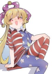 1girl absurdres american_flag american_flag_dress american_flag_legwear american_flag_print blonde_hair clownpiece dress flag_print gumingdi_ban hat highres jester_cap long_hair looking_at_viewer neck_ruff open_mouth pantyhose polka_dot polka_dot_headwear purple_hat red_eyes short_sleeves simple_background sitting solo star_(symbol) star_print striped_clothes striped_pantyhose touhou very_long_hair white_background