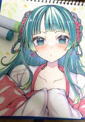 Rule 34 | 1girl, 2025, adversarial noise, art tools in frame, blunt bangs, blunt ends, blush, chinese clothes, closed mouth, collarbone, commentary, dated, double bun, eyelashes, eyeshadow, flower, frown, gattengou, green eyes, green hair, hair bun, hair flower, hair ornament, hair rings, hands up, highres, hime cut, kusuriya no hitorigoto, long hair, looking at viewer, makeup, maomao (kusuriya no hitorigoto), own hands together, photo (medium), pink eyeshadow, pink flower, red flower, sidelocks, simple background, sleeves past fingers, sleeves past wrists, solo, straight hair, traditional media, twitter username, upper body, white background