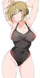 Rule 34 | 1girl, armpits, arms up, black one-piece swimsuit, blonde hair, breasts, closed mouth, commentary, competition swimsuit, cowboy shot, english commentary, evelyn chevalier, highres, kili kilio, large breasts, one-piece swimsuit, purple eyes, red one-piece swimsuit, sidelocks, simple background, solo, swimsuit, two-tone one-piece swimsuit, white background, zenless zone zero