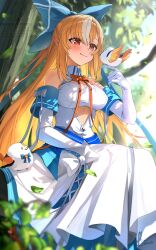 1girl bare_shoulders bird bird_on_hand blue_bow blurry blurry_background blurry_foreground blush bow breasts cleavage_cutout clothing_cutout cutout_above_navel depth_of_field dress elbow_gloves elfriend_(shiranui_flare) gloves hair_bow highres hololive kito_koruta koruta_(nekoimo) large_breasts long_dress long_hair looking_at_animal neck_ribbon orange_hair pointy_ears red_eyes red_ribbon ribbon shiranui_flare shiranui_flare_(1st_costume) sitting smile solo very_long_hair virtual_youtuber watermark white_dress white_gloves