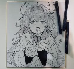 Rule 34 | 1girl, absurdres, after fellatio, art tools in frame, black hair, blue archive, blush, cardigan, crossed bangs, cum, cum in mouth, cum on body, cum on hair, cum on hands, cum on tongue, eryuus3, facial, furrowed brow, hair between eyes, hair ribbon, hairband, halo, hands up, highres, long hair, long sleeves, looking at viewer, low twintails, monochrome, open cardigan, open clothes, photo (medium), ribbon, school uniform, shikishi, simple background, sleeves past wrists, solo, straight-on, teeth, tongue, traditional media, turtleneck, twintails, ui (blue archive), upper body, upper teeth only, very long hair, white background