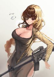 1girl alternate_costume assault_rifle blush braid breasts brown_dress brown_eyes brown_hair cleavage collarbone commentary dress eyepatch girls&#039;_frontline gun highres large_breasts long_hair looking_at_viewer m16 m16a1 m16a1_(girls&#039;_frontline) m16a2 multicolored_hair open_mouth orange_hair rifle simple_background solo streaked_hair weapon white_mouth xanax025